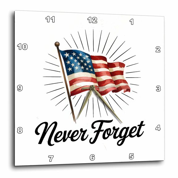 3drose, Never Forget Text and the Shining American Flag. Memorial Day Gift, 15x15 Wall Clock
