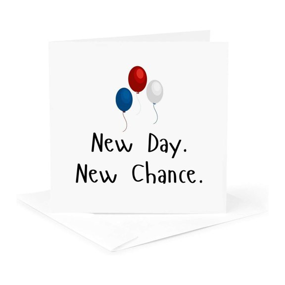 3drose, New Day New Chance Typography - Red Blue White Balloon Inspirational, 1 Greeting Card with Envelope