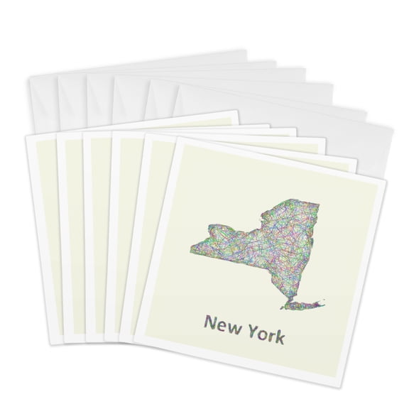 3drose, New York State Map - Colorful Line Art Graphic Design, 6 Greeting Cards with Envelopes