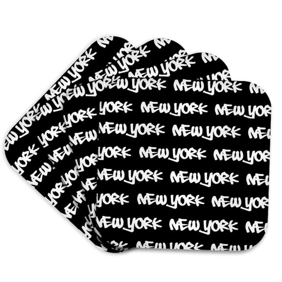 3drose, New York Text Design - White Words on Black - Ny City Souvenir Nyc Cool Urban Graffiti Font Pattern, Set of 4 Coasters - Soft