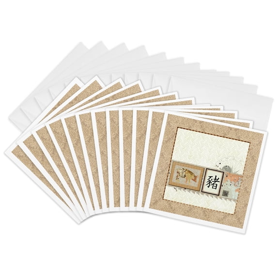 3drose, Newspaper Print Pig, Sign of the Pig, Map, Compass, Beige, 12 Greeting Cards with Envelopes