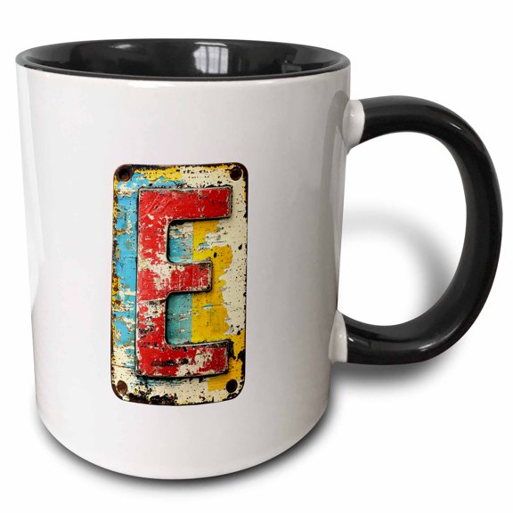 3drose, Nice Letter E. Grunge Metal Monogram, Industrial Style Color Gift, 11oz Two-tone Black Mug