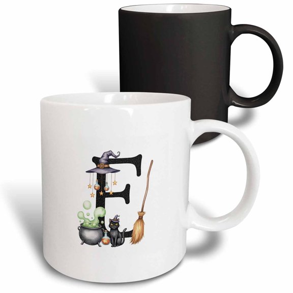 3drose, Nice Letter E. Halloween Monogram, Broom, Wizard Hat, Cat Art Gift, 11oz Magic Transforming Mug