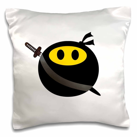 3drose, Ninja Smiling Face - Funny Black Masked Yellow Happy Face - Cute Spy, Japanese Sword, 16x16 inch Pillow Case
