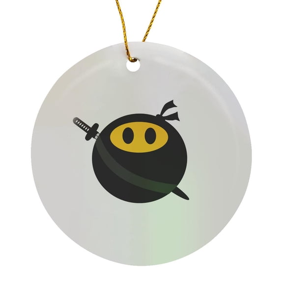 3drose, Ninja Smiling Face - Funny Black Masked Yellow Happy Face - Cute Spy, Japanese Sword, Circle Porcelain Ornament