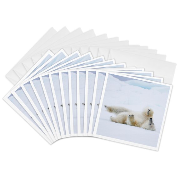 3drose, Norway, Svalbard, Pack Ice, Polar Bear Rolling to Clean Fur., 12 Greeting Cards with Envelopes