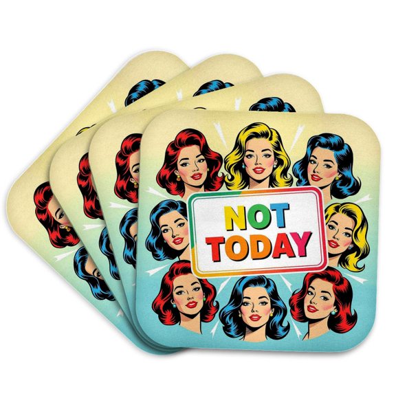 3drose, Not Today Colorful Text and Female Beauty Heads. Sarcastic Art Gift, Set of 4 Coasters - Soft