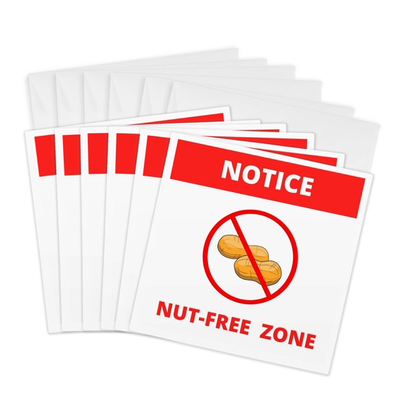 3drose, Notice Nut Free Zone Warning Sign - No Nuts or Peanuts Allowed Red, 6 Greeting Cards with Envelopes