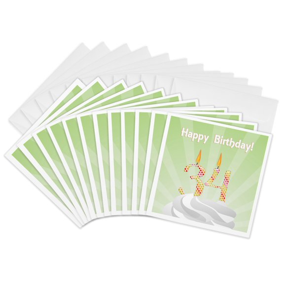 3drose, Number 34 Candle with Colorful Dots on Top of Whipped Icing, Happy Birthday, 12 Greeting Cards with Envelopes
