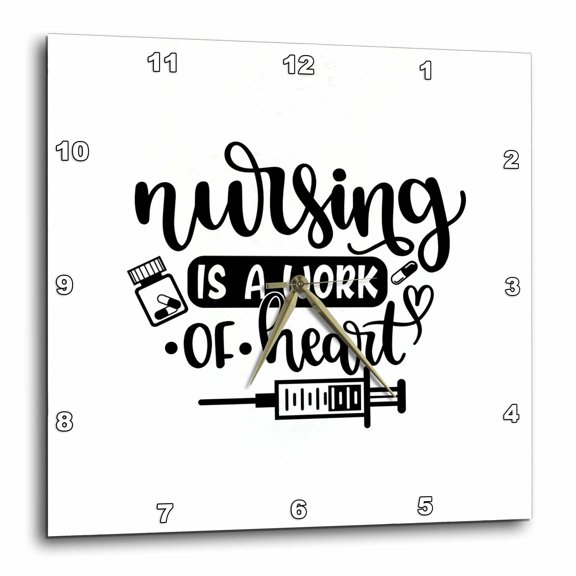 3drose, Nursing Is a Work of Heart Black and White Text Art. Artsy Nurse Gift, 15x15 Wall Clock