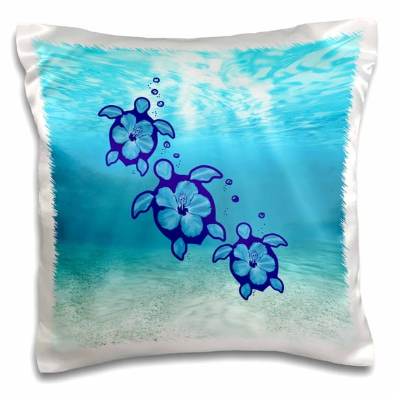 3drose, Ocean Animal Art of Tropical Sea Turtles with Hibiscus Flower Shells., 16x16 inch Pillow Case