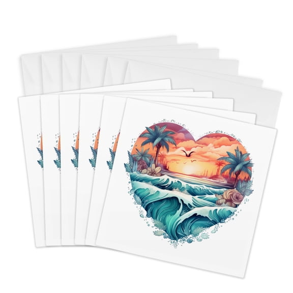 3drose, Ocean Beach Scene in a Heart Illustration, 6 Greeting Cards with Envelopes