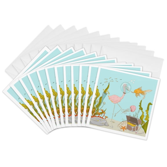 3drose, Ocean Fairy Underwater Illustration for Kids - Flamingo Diver Dreams, 12 Greeting Cards with Envelopes