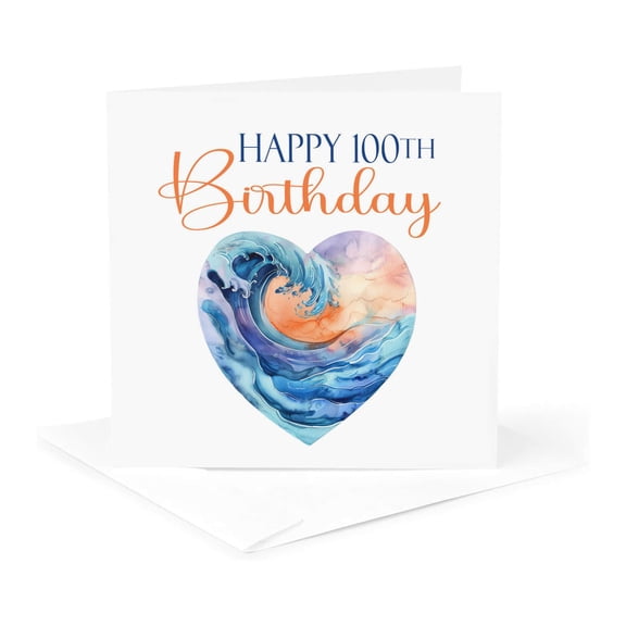 3drose, Ocean Wave Heart Happy 100th Birthday, 1 Greeting Card with Envelope