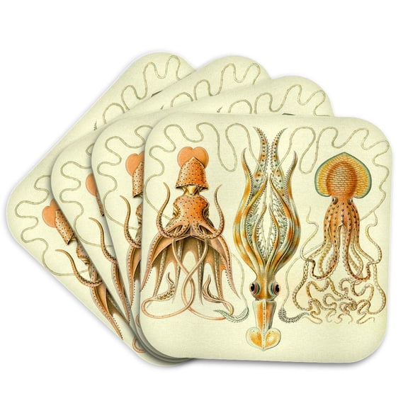 3drose, Octopus Art Print Octopi and Squid Breeds Species Aquatic Sea Animals, Set of 4 Coasters - Cork
