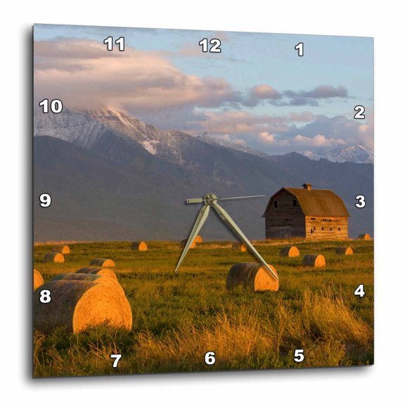 3drose, Old Barn, Hay Bales, Mission Mountain Range, Montana - Us27 Cha1113 - Chuck Haney, 15x15 Wall Clock