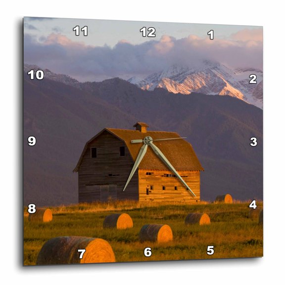 3drose, Old Barn, Hay Bales, Mission Mountain Range, Montana - Us27 Cha1117 - Chuck Haney, 15x15 Wall Clock