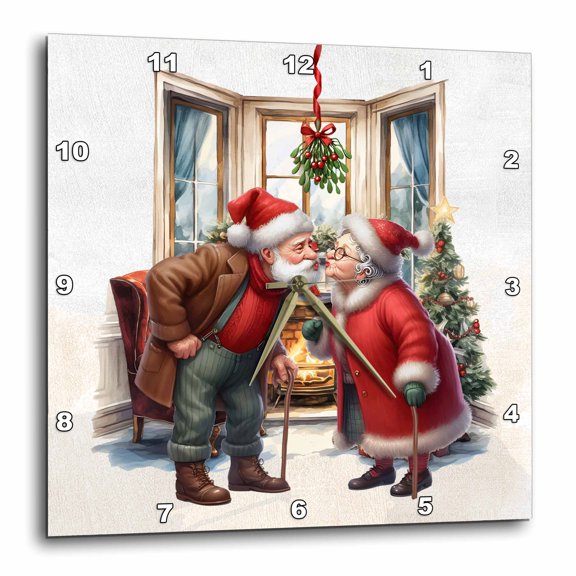 3drose, Old Couple Kissing under the Mistletoe Cute Christmas Love Story, 15x15 Wall Clock