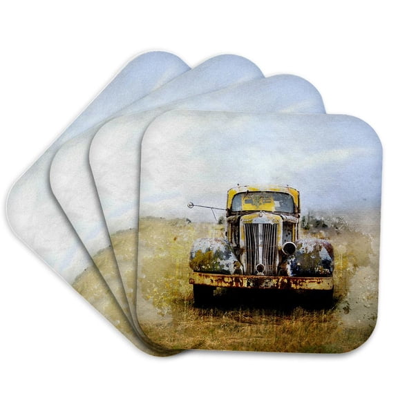 3drose, Old Rustic Cat in the Countryside Mixed Media Art, Set of 4 Coasters - Cork