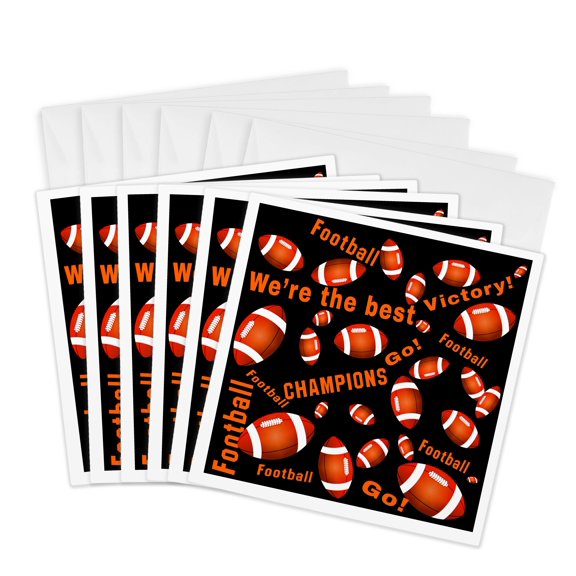 3drose, Orange American Football Balls and Texts on Black, 6 Greeting Cards with Envelopes