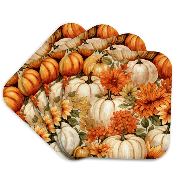 3drose, Orange Fall Flowers and Beige White Pumpkin Pattern, Set of 4 Coasters - Soft