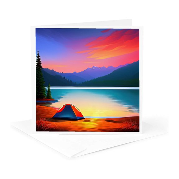 3drose, Orange Tent by the Mountain Lake. Red Clouds, Sunset. Happy Camper, 1 Greeting Card with Envelope