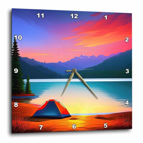 3drose, Orange Tent by the Mountain Lake. Red Clouds, Sunset. Happy Camper, 10x10 Wall Clock