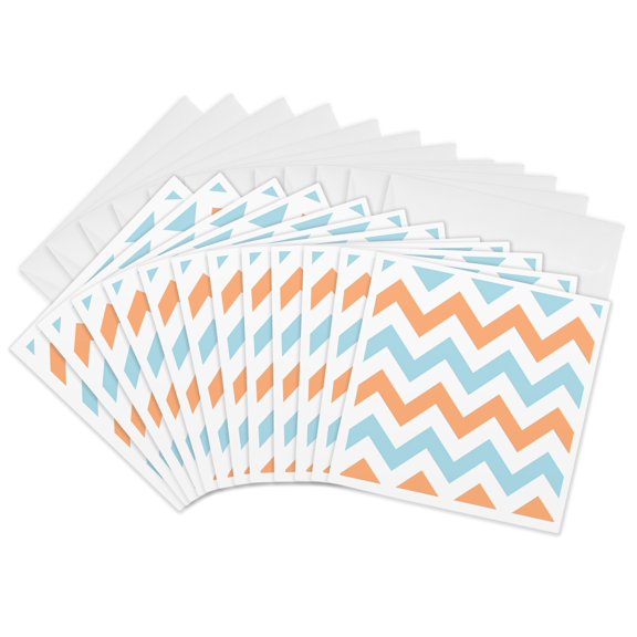 3drose, Orange and Light Blue Chevron Zig Zag Pattern - White Zigzag Stripes, 12 Greeting Cards with Envelopes