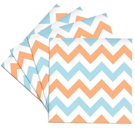 3drose, Orange and Light Blue Chevron Zig Zag Pattern - White Zigzag Stripes, Set of 4 Ceramic Tile Coasters