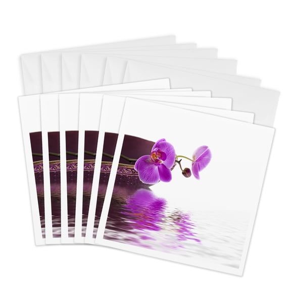 3drose, Orchid Flower Zen Style with Water Photography, 6 Greeting Cards with Envelopes
