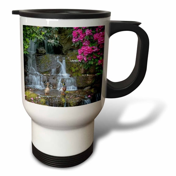 3drose, Oregon, Portland, Mallard Ducks Pair on Rocks Next to Waterfall., 14oz Stainless Steel Travel Mug