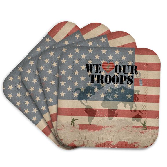 3drose, Our Troops, Soldiers, Dog Tags, Map of the World, Usa Flag, Set of 4 Coasters - Soft