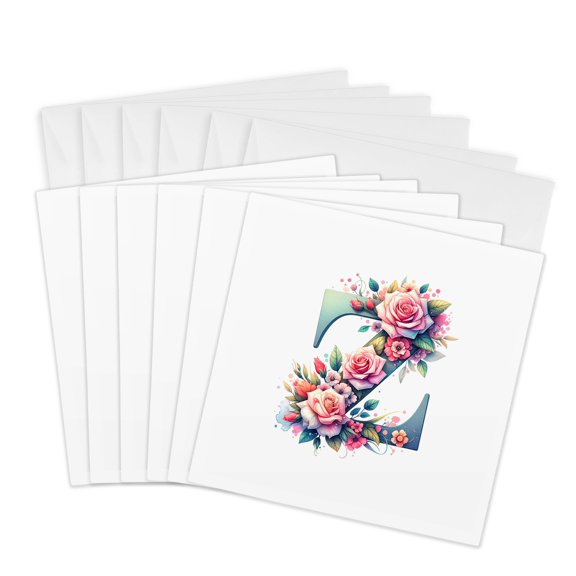 3drose, Outstanding Letter Z. Floral Monogram, Decorated with Rose Flowers, 6 Greeting Cards with Envelopes