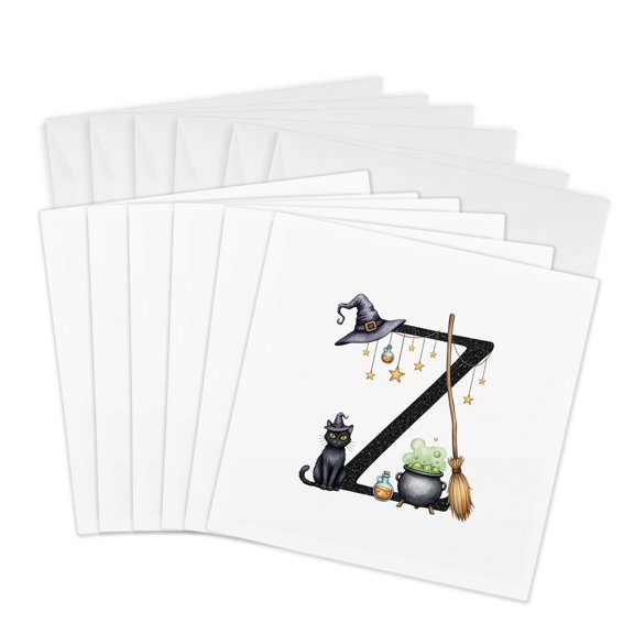 3drose, Outstanding Letter Z. Halloween Monogram, Broom, Wizard Hat, Cat, 6 Greeting Cards with Envelopes