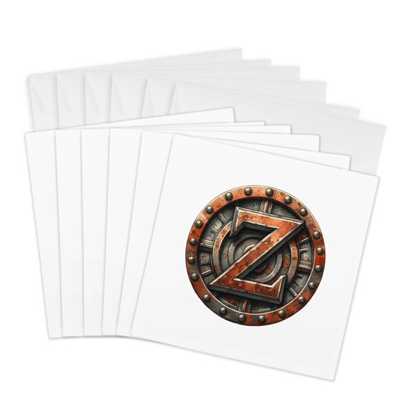 3drose, Outstanding Letter Z. Round Rusty Metal Plate Delightful Artsy Gift, 6 Greeting Cards with Envelopes