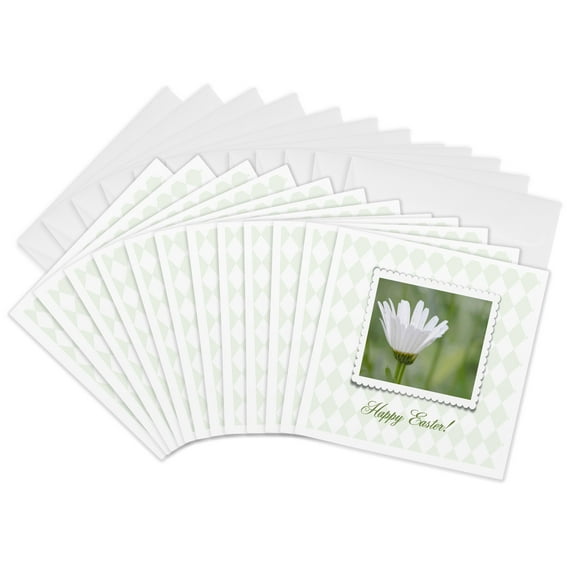 3drose, Ox Eyed Flower in Frame on Pale Green Diamond Design, Happy Easter, 12 Greeting Cards with Envelopes
