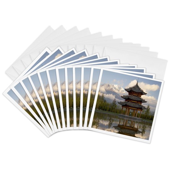 3drose, Pagoda in Pond, Valley of Jade Dragon Snow Mountain-as07 Dbr0380 - Dave Bartruff, 12 Greeting Cards with Envelopes