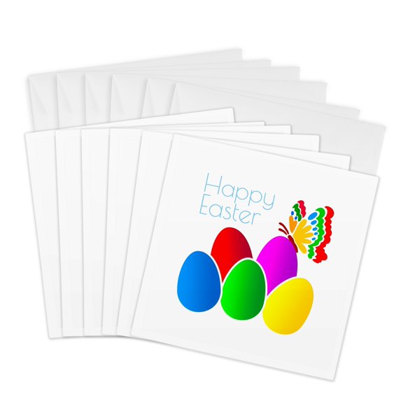 3drose, Painted Easter Eggs, Colorful Butterfly, Text Happy Easter on White, 6 Greeting Cards with Envelopes
