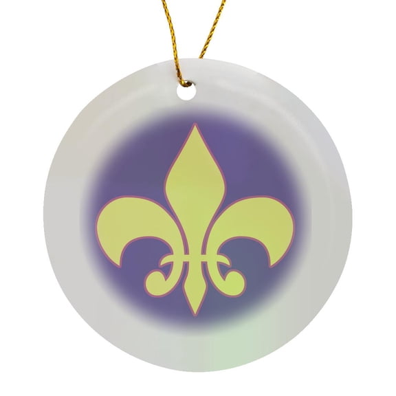 3drose, Pale Canary Yellow Fleur-de-lis Outlined Purple, Lavender Background, Circle Porcelain Ornament