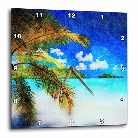 3drose, Palm Tree Against the Caribbean Waters Image of Watercolor Painting, 10x10 Wall Clock