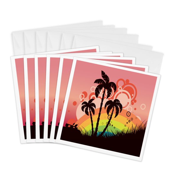 3drose, Palm Trees on a Rainbow Abstract Background, 6 Greeting Cards with Envelopes