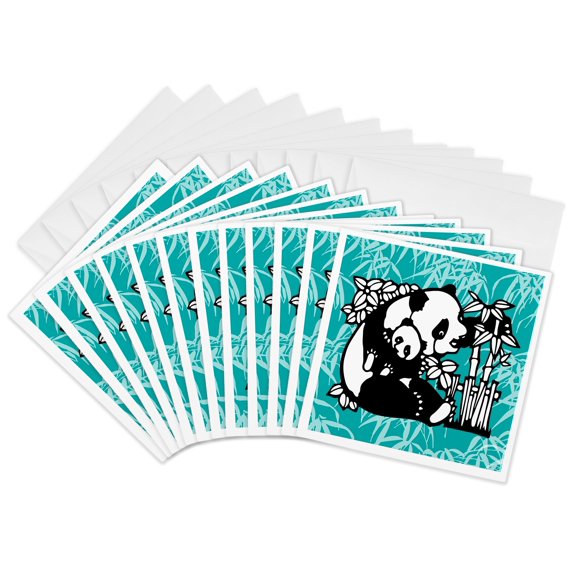 3drose, Panda and Baby on Teal Blue Background, 12 Greeting Cards with Envelopes