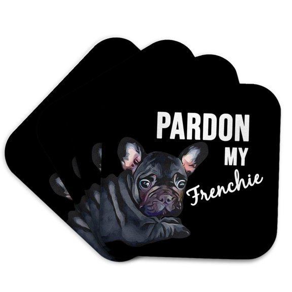 3drose, Pardon My Frenchie with Black Frenchie. White on Black Background., Set of 4 Coasters - Soft