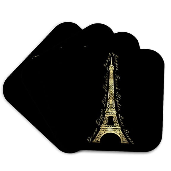 3drose, Paris Dream Bigger Inspirational Design Black and Gold, Set of 4 Coasters - Soft