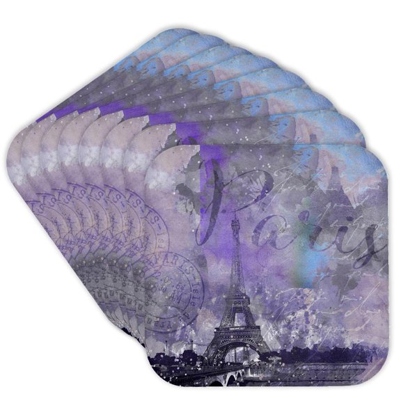 3drose, Paris Watercolor Illustration Purple, Set of 8 Coasters - Soft