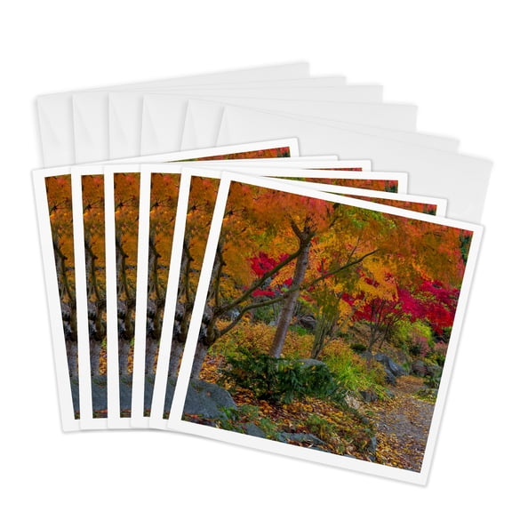 3drose, Pathway in Autumn, Japanese Gardens, British Columbia, Canada, 6 Greeting Cards with Envelopes