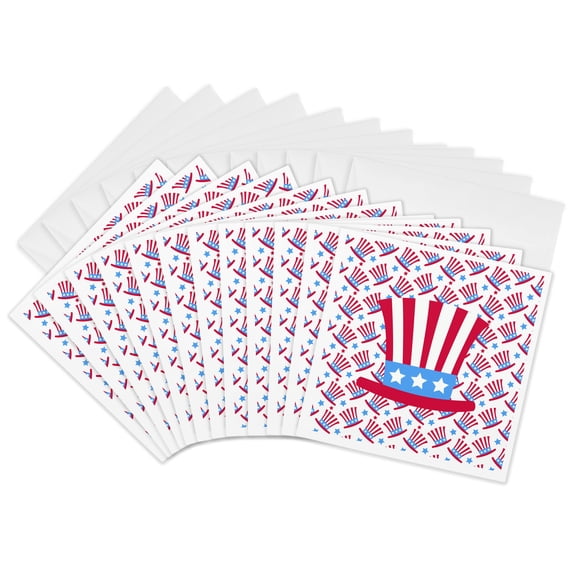 3drose, Patriotic, Soft Red, White, Sea Blue Hat on Hats, 12 Greeting Cards with Envelopes