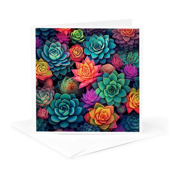 3drose, Pattern of Colorful Succulents Creating a Vibrant Botanical Design., 1 Greeting Card with Envelope
