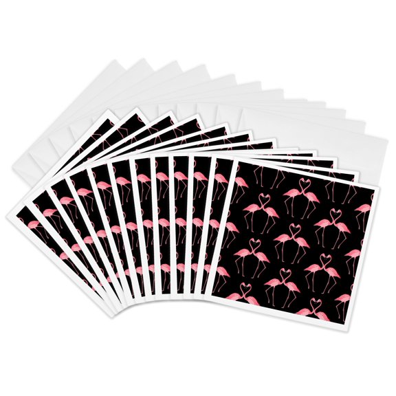3drose, Pattern of Two Loving Pink Flamingos on Black., 12 Greeting Cards with Envelopes