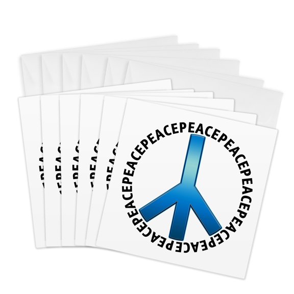 3drose, Peace Sign 1 Shows a Blue Peace Sign with Peace Text Repeating as an Outer Circle, 6 Greeting Cards with Envelopes
